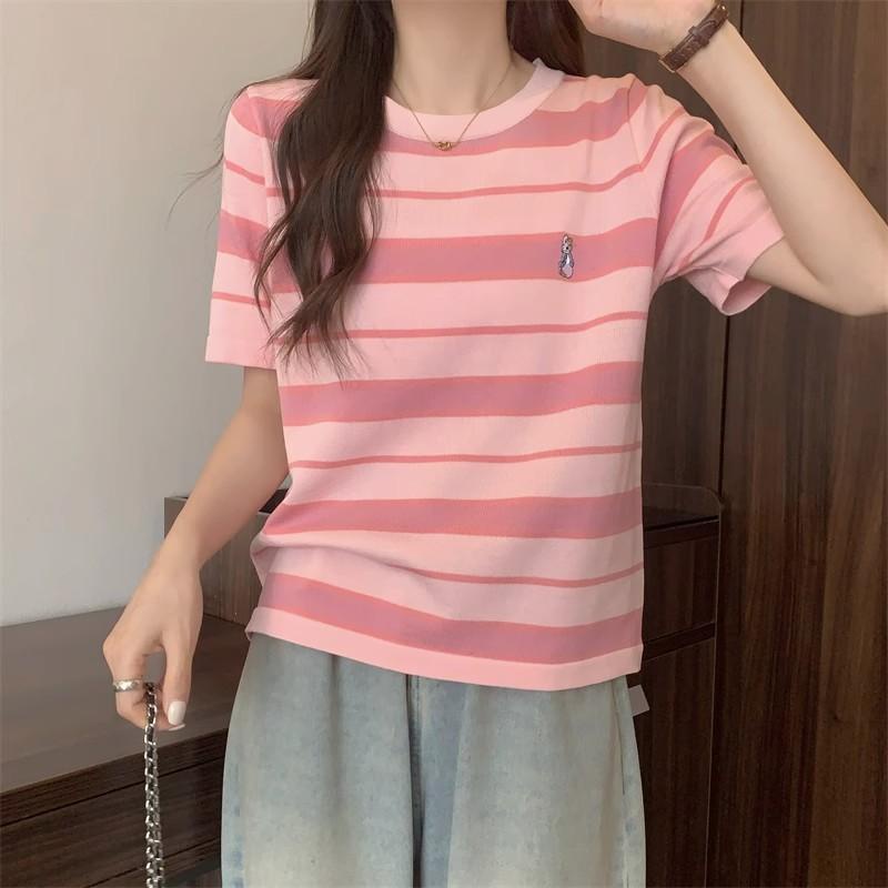 Áo thun COZOK dáng rộng ngắn tay họa tiết sọc đơn giản phong cách Hong Kong thời trang