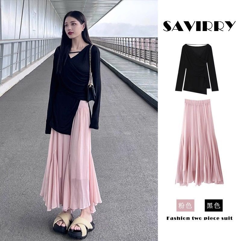 Autumn gentle style wear women 2023 new style korean version fashion all-match long-sleeved top skirt two-piece suit#0814#
