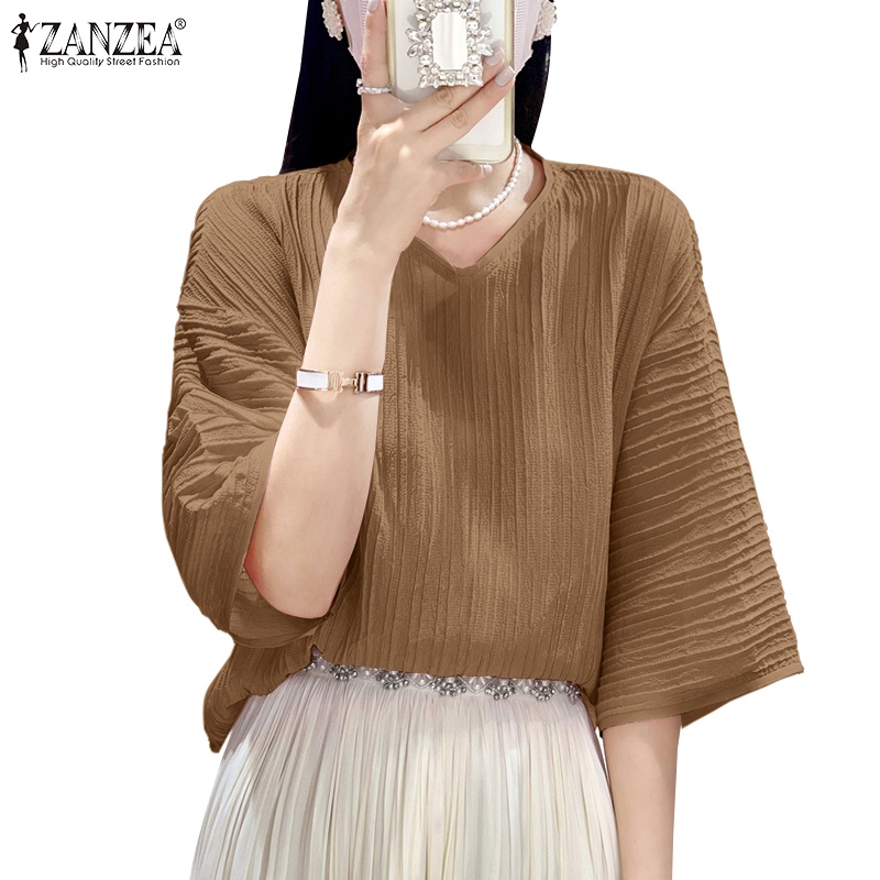 Zanzea nữ tay áo loe hàn quốc 3/4 tay áo off-shoulder v-cổ lưng áo xẻ tà