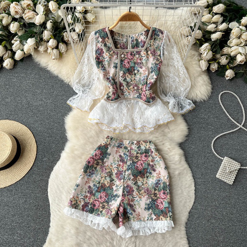 Phụ nữ mới cổ điển in hai mảnh bộ đồ mùa hè bộ đồ ren chắp vá fashoin áo sơ mi ngắn tay + bộ quần áo quần short cạp cao