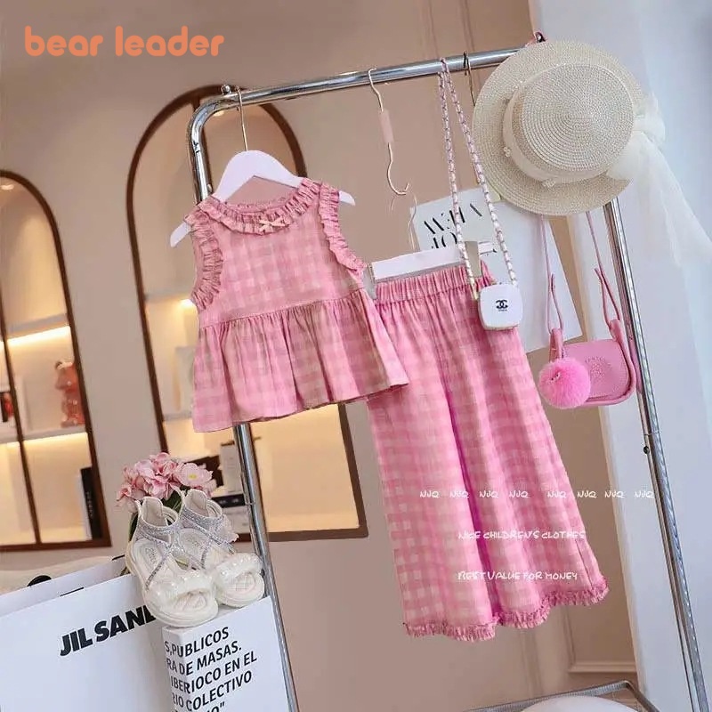 Bộ đồ BEAR LEADER gồm áo không tay và quần ống rộng họa tiết kẻ sọc thời trang mùa hè dành cho nữ 4-15 tuổi