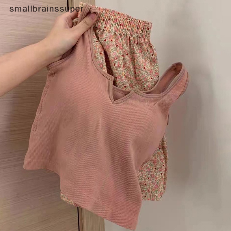 Smallbrainssuper floral elastic waist pajama vest với độn ngực quần pyjama quần mặc nhà bộ mùa hè cho nữ sbs