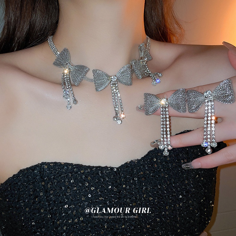 1 cặp kim bạc studded kim cương nơ tua bông tai vòng cổ high-end feel collarbone chain light luxury jewelry