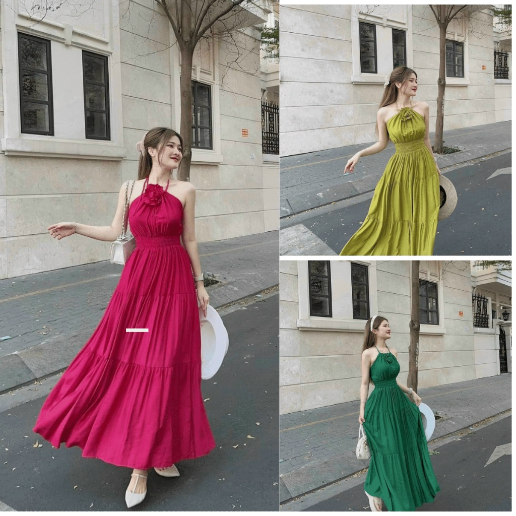 Đầm váy maxi cổ yếm đính bông bo chun eo (có mút ngực) dạo phố, đi biển sang chảnh vải đẹp HT.080LAVIC