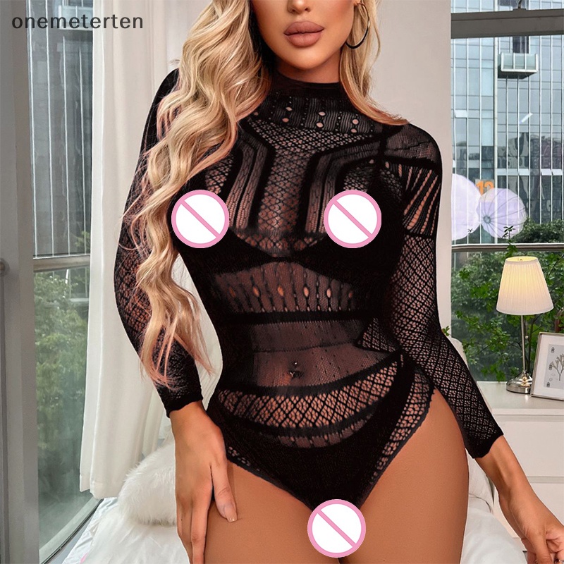 Rten long-tay hở lưng bãi biển sexy phối cảnh quần áo lưới thun bó sát khiêu dâm đồ lót lưới cá phụ nữ bodysuit n