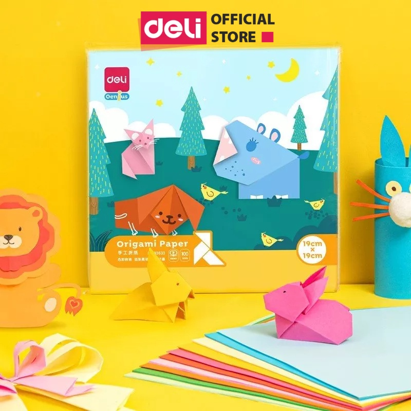 Bộ 100 tờ giấy thủ công nhiều khổ, giấy gấp origami, giấy gấp hạc Deli cho bé sáng tạo