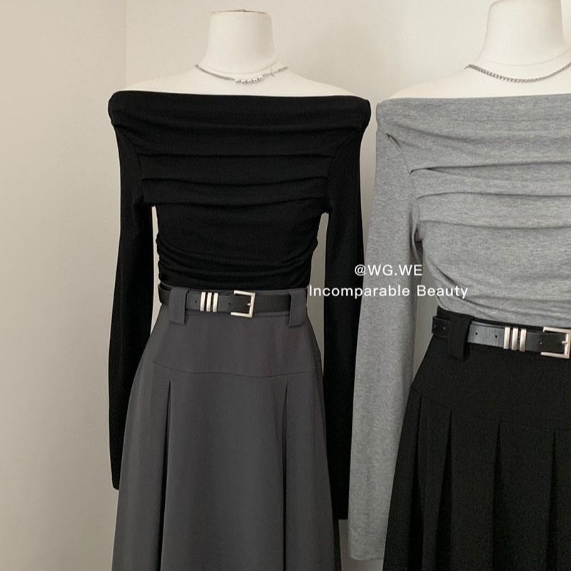 Áo Thun Nữ Tay Dài Cổ Phẳng Phong Cách Hàn Quốc