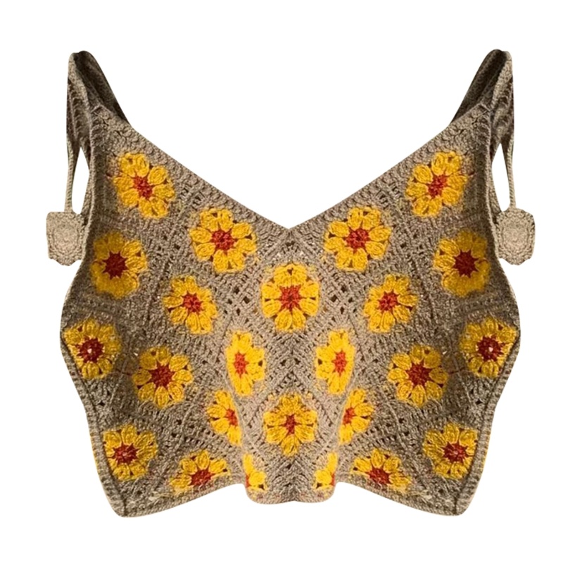 Nerfv Áo Crop Top Dệt Kim Không Tay Hở Lưng Họa Tiết Hoa Cúc Vintage Ngọt Ngào Gợi Cảm Đi Biển Dành Cho Nữ