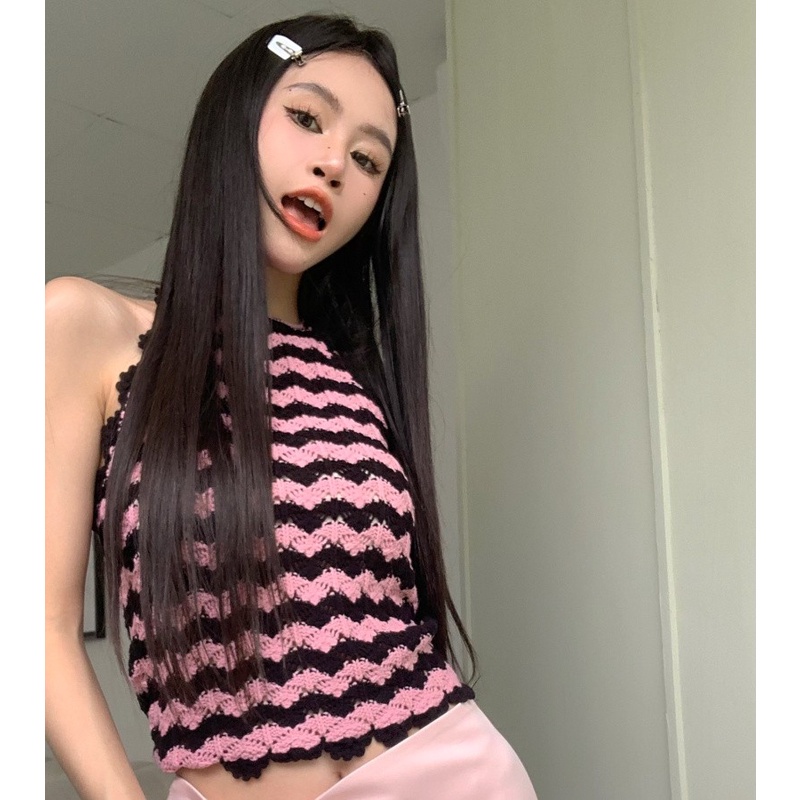 Áo Dệt Kim Cổ Yếm Dáng Ôm Họa Tiết Kẻ Sọc Thời Trang Cho Nữ