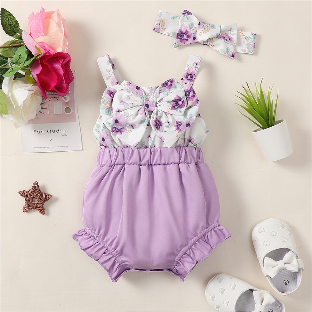 Áo liền quần MIKRDOO có băng đô nơ in họa tiết hoa xinh xắn dành cho bé gái sơ sinh