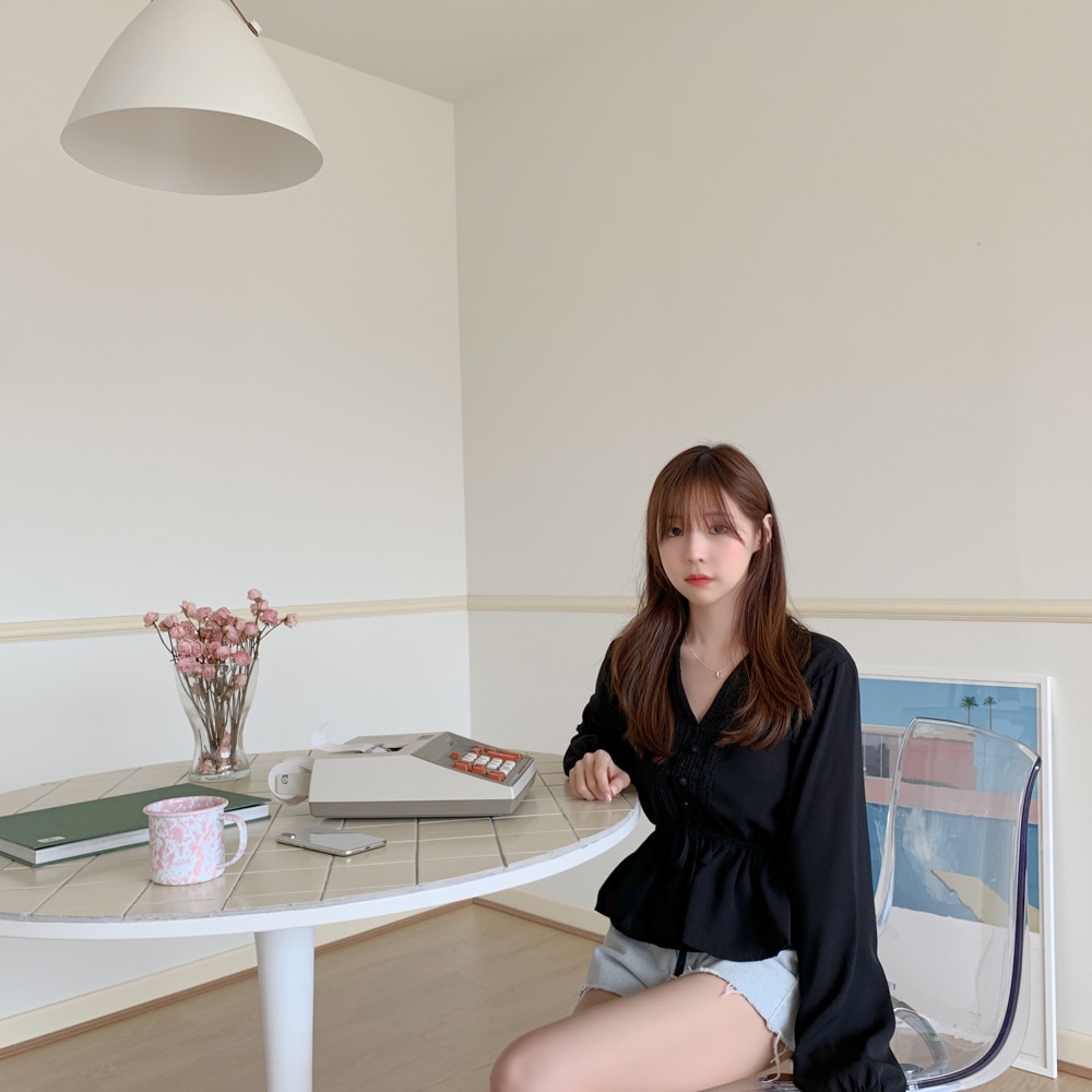 Áo Sơ Mi Dài Tay Cổ Chữ V Eo Co Giãn Phong Cách Hàn Quốc Dành Cho Nữ