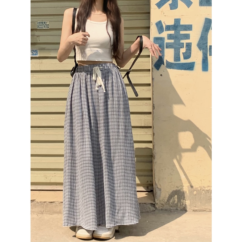 Chân Váy Dài Dáng Chữ A Lưng Cao Họa Tiết Sọc Caro Phong Cách Vintage Hàn Quốc