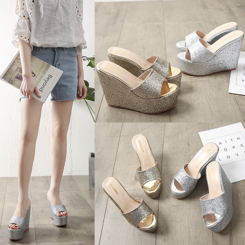 Xăng đan Đế Xuồng Dày Dặn Đính Kim Sa Đơn Giản Ngọt Ngào Cho Nữ