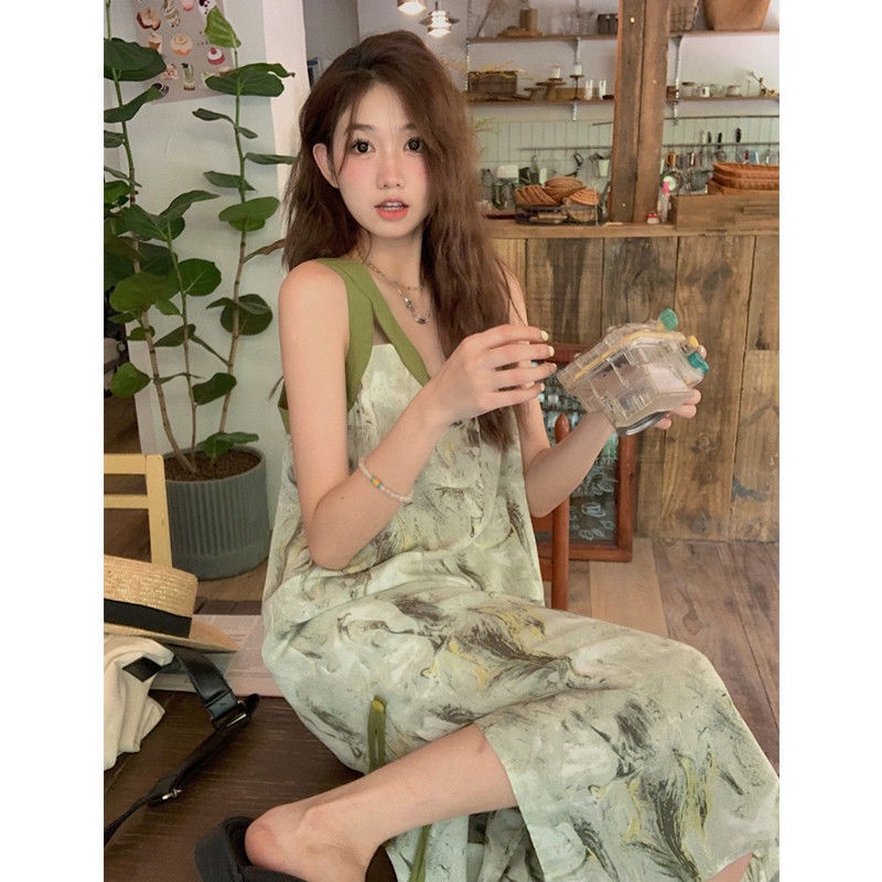 Đầm Dài Hai Dây Cổ Chữ v Dáng Rộng Màu Xanh Lá Dễ Thương Dành Cho Nữ