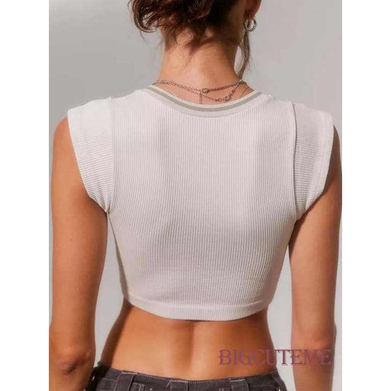 Áo Thun Crop Top Ôm Dáng Cổ Chữ V Màu Sắc Tương Phản Thời Trang Mùa Hè Cho Nữ