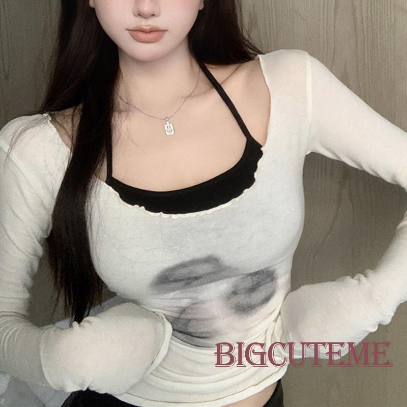 Set Đồ 2 Món Gồm Áo Sát Nách Cổ Yếm Hở Lưng Nhuộm Màu Và Áo Thun Tay Dài Cho Nữ