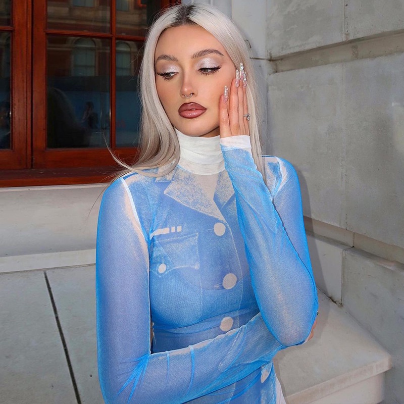 DUNEA Đầm Dài Tay Cổ Cao In Họa Tiết 3d Thiết Kế Mới Cho Nữ