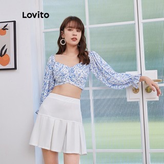 Áo kiểu Lovito L04146 dài tay màu trắng họa tiết hoa nhí dáng ôm vừa vặn có dây thắt sau lưng