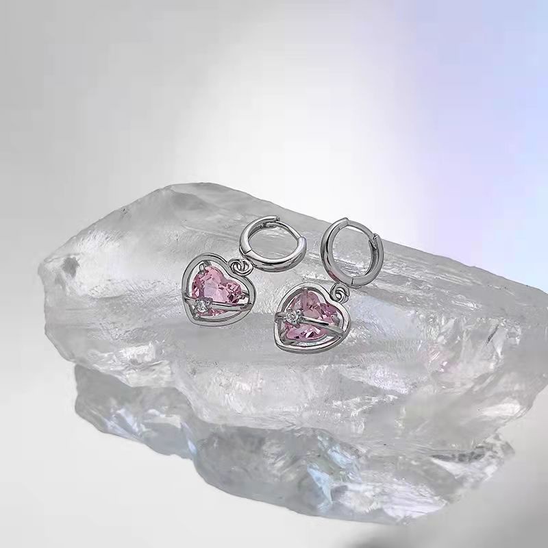 Khuyên tai 17KM mạ bạc hình trái tim / gấu / bướm / cherry đính đá zircon màu hồng xinh xắn cho nữ