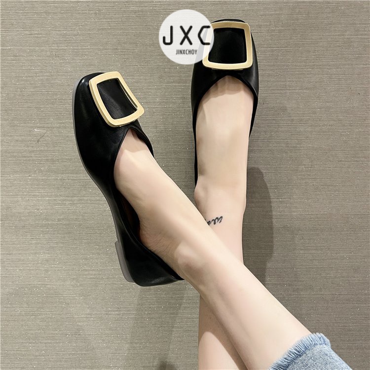JINxCHOY Giày da mềm gót thấp mũi vuông màu trơn đơn giản thoải mái thời thượng