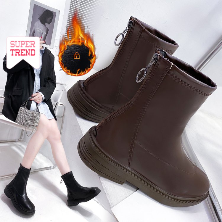 Giày bốt martin ống thấp mũi tròn phối khóa kéo thời trang cho nữ