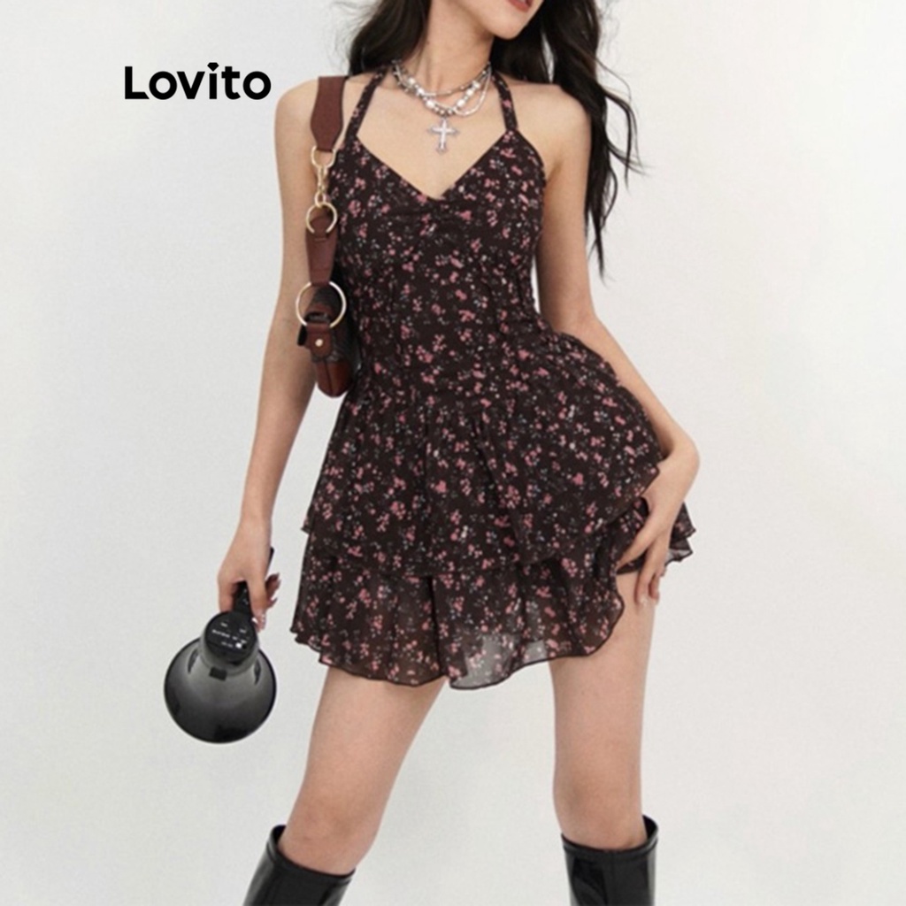 Đầm LOVITO ôm eo tạo lớp xếp nếp thắt dây viền xếp nếp họa tiết hoa nhỏ thường ngày dành cho nữ LNE05041 (màu đen)