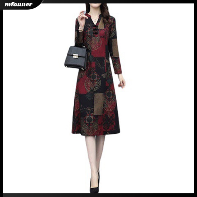 Đầm Dài Tay Cổ Chữ V Form Rộng Phong Cách Retro Cho Nữ