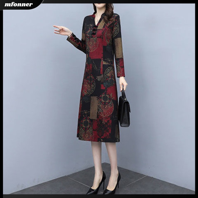 Đầm Dài Tay Cổ Chữ V Form Rộng Phong Cách Retro Cho Nữ