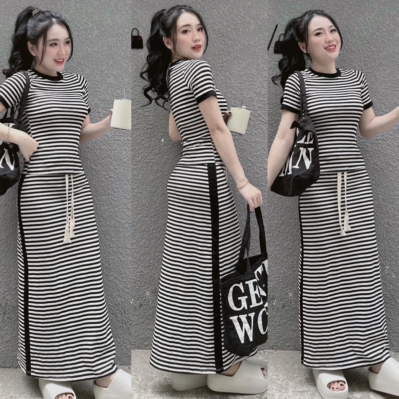 Set Đầm Sọc Bút Chì Dây Thừng Áo Croptop Tay Ngắn Viền alohashop91
