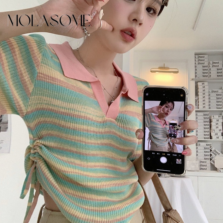 Áo polo Dáng Ôm Tay Ngắn Cổ Bẻ Phối Màu Tương Phản Thời Trang 2023 Cho Bạn Gái