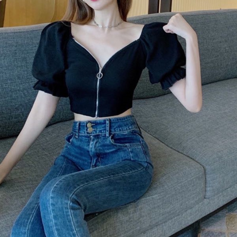 Nzn Áo Thun crop top Tay Ngắn Phồng Cổ Chữ V Gợi Cảm Thời Trang Cho Nữ