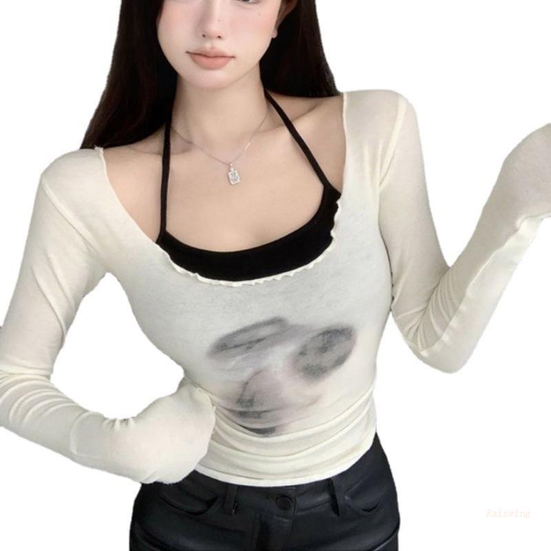 Bộ Áo Thun Dài Tay Ôm Dáng Màu Nhuộm Kèm Áo Tank Top Hai Dây Thời Trang Xuân Hè Cho Nữ