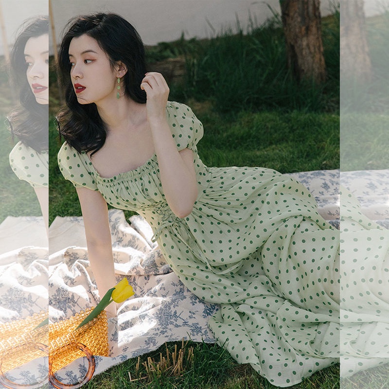 Đầm Cổ Vuông Họa Tiết Chấm Bi Màu Xanh Lá Phong Cách Retro Pháp Thời Trang Mùa Hè Hàng Mới 2023