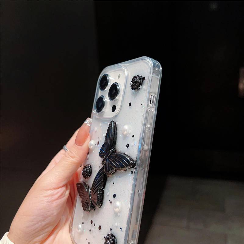 Ốp Điện Thoại Trong Suốt Trang Trí Hình Bướm Và Ngọc Trai 3D Cho iPhone 14 13 12 11 Pro Max 14Plus