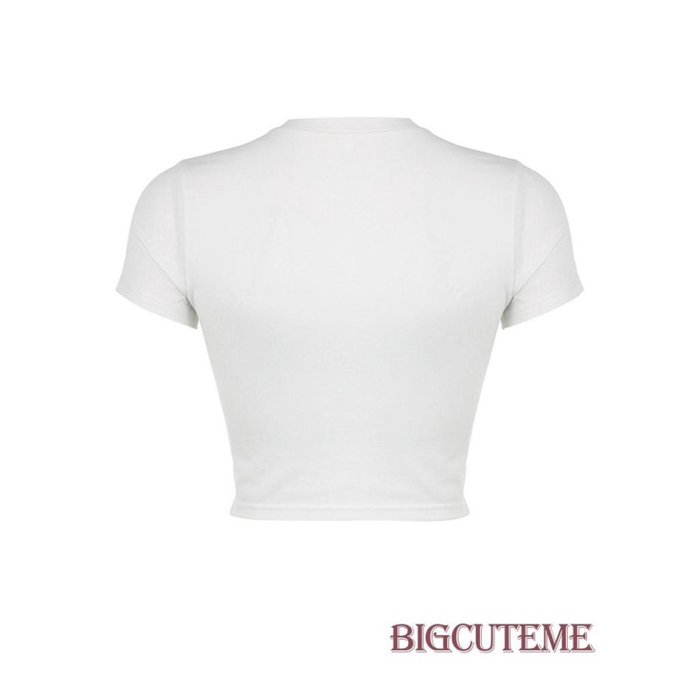 [] Áo Thun Crop Top Tay Ngắn Cổ Tròn In Hình Bánh Kem Và Chữ Cái Màu Trắng Cho Nữ