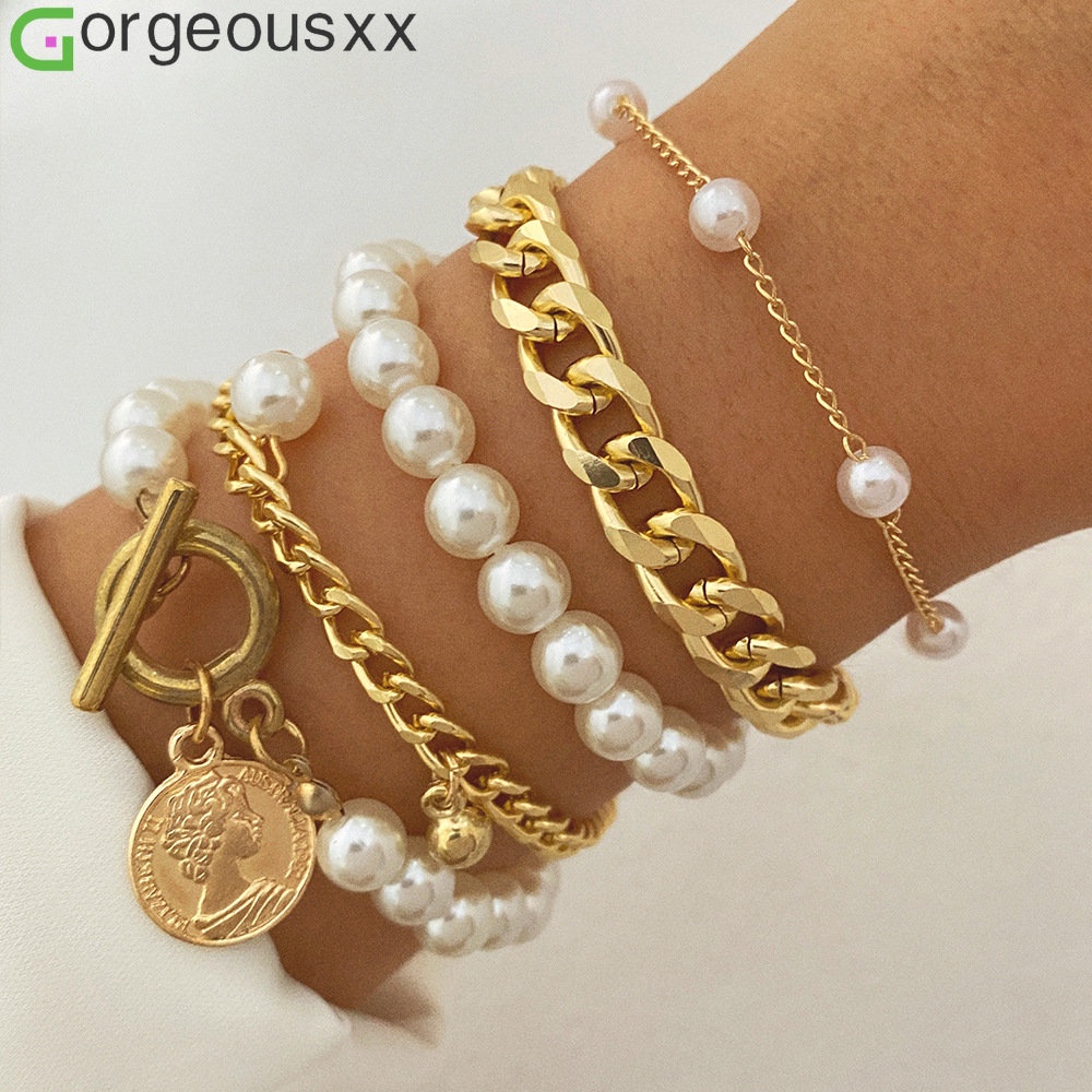 Set 5 Vòng Tay Hạt Ngọc Trai Giả Phong Cách Vintage Cho Nữ