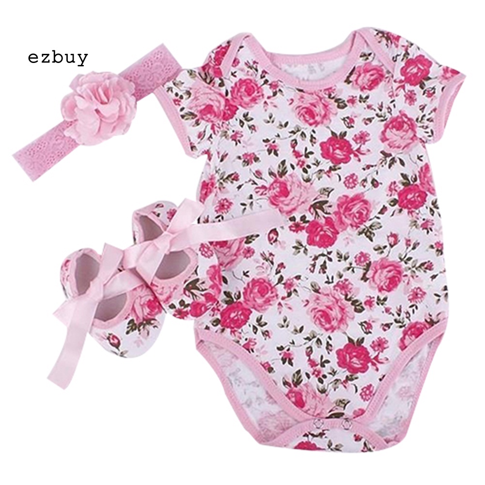 Bộ Áo Liền Quần In Hoa + Băng Đô Dễ Thương Cho Bé Gái