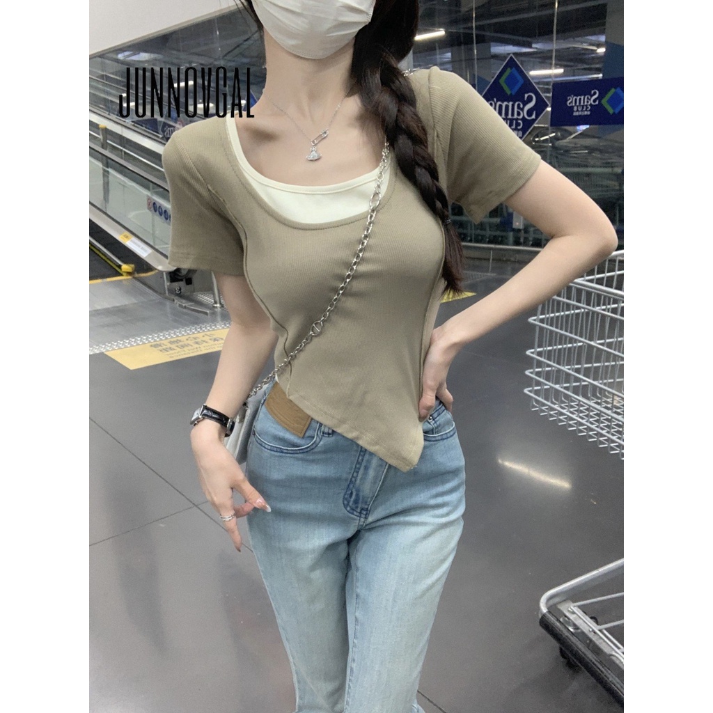 Áo Thun Tay Ngắn Cổ Vuông Dáng Ôm Phối Màu Tương Phản Thời Trang 2023 Cho Bạn Gái