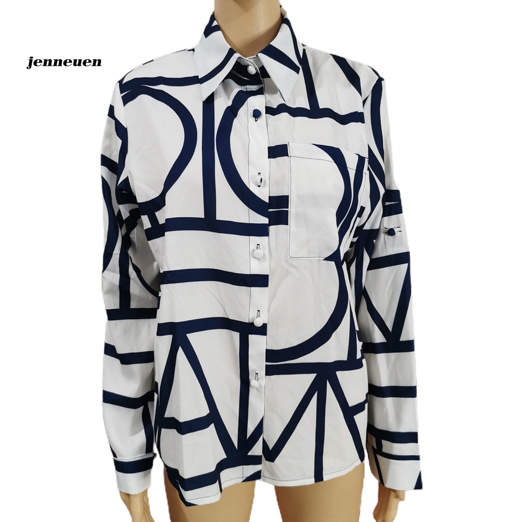 Áo Sơ Mi Tay Dài Cổ Bẻ In Họa Tiết Hình Học Cài Nút Thời Trang Xuân Thu Cho Nữ