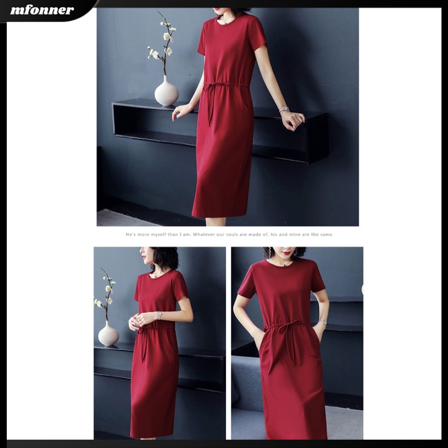 Đầm Midi Tay Ngắn Cổ Tròn Màu Trơn Phối Túi Thiết Kế Thanh Lịch Thời Trang Mùa Hè Cho Nữ