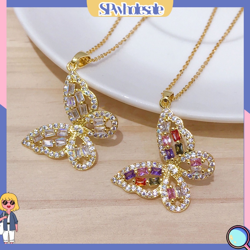 &lt;SPwholesale&gt; Vòng cổ Mạ Điện Mặt Hình Bướm Đính Đá Zircon Lấp Lánh Sang Trọng