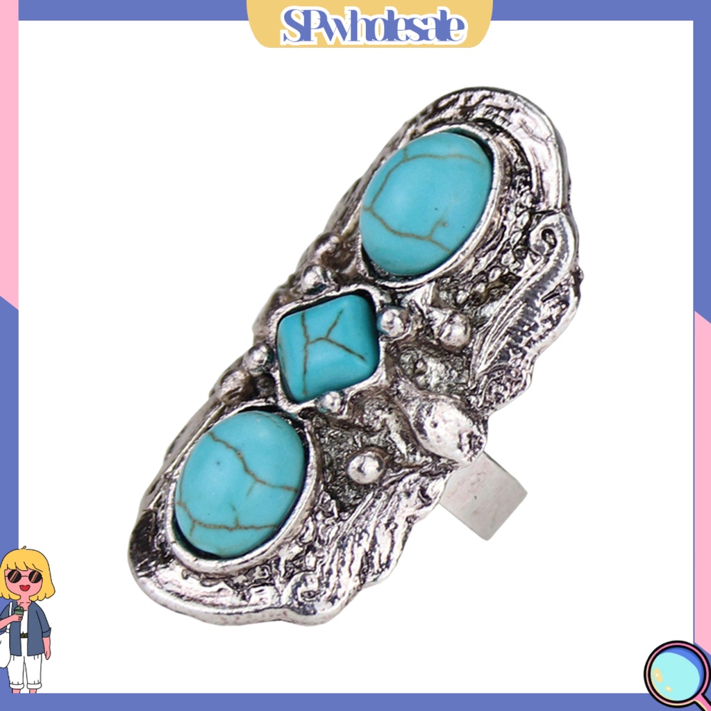 <SPwholesale> Nhẫn Hở Chạm Khắc Hoa Văn Đá Xanh Lá Phong Cách Bohemian Có Thể Điều Chỉnh Kích Thước Cho Bữ