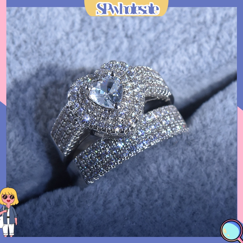 <SPwholesale> Bộ 2 Nhẫn Đính Đá Hình Trái Tim Sang Trọng Cho Cô Dâu
