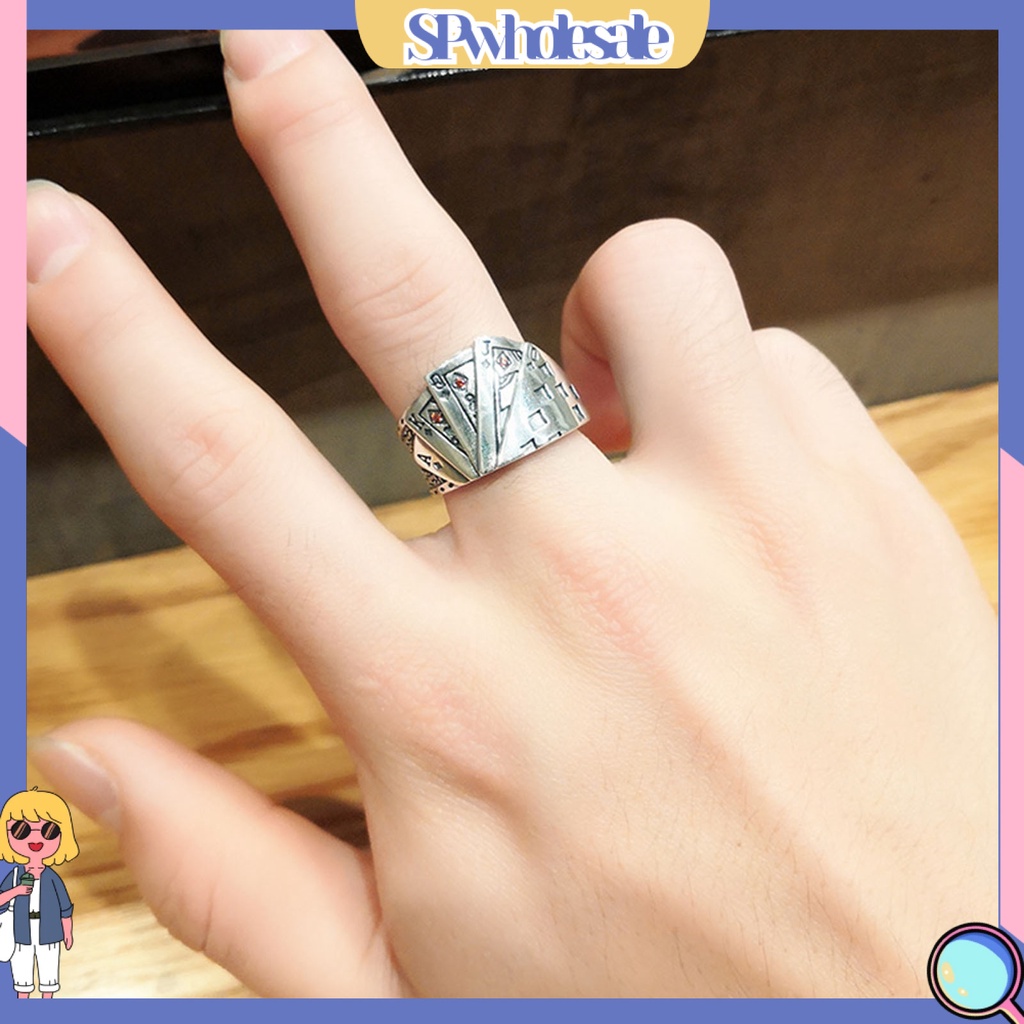 <SPwholesale> Nhẫn Hở Mạ Bạc Khắc Hình Lá Bài Poker Có Thể Điều Chỉnh Kích Cỡ