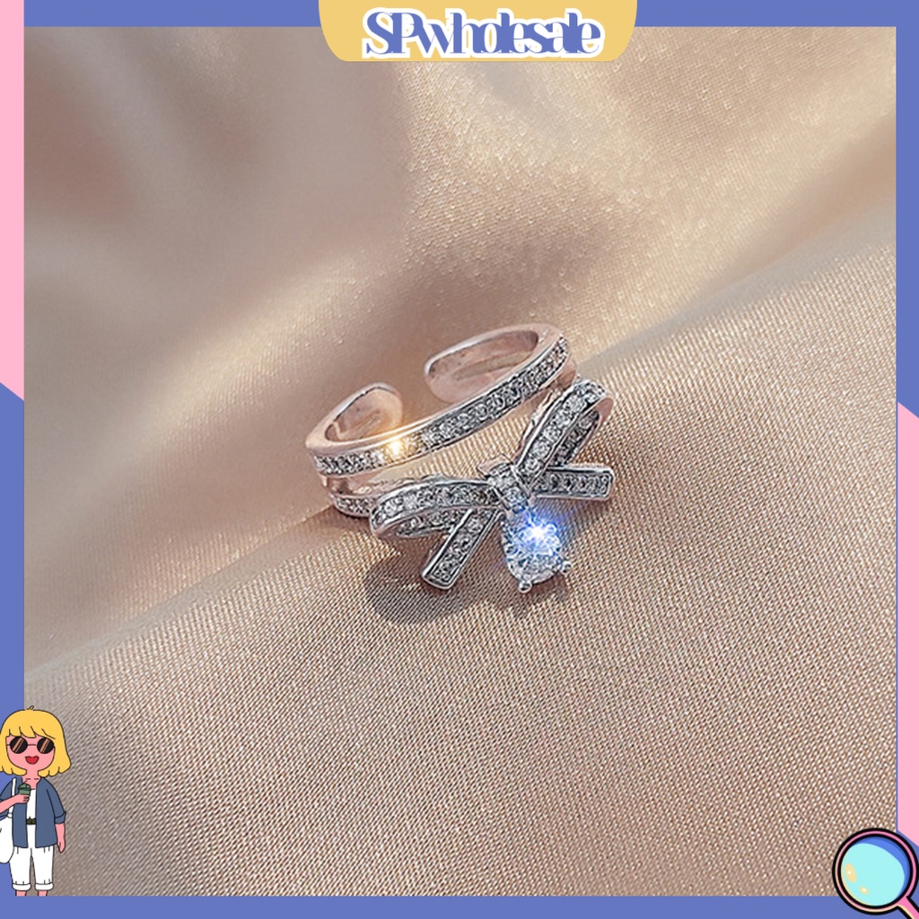 <SPwholesale> Nhẫn Hở Hai Lớp Đính Đá Zircon Hình Nơ Bằng Hợp Kim Sang Trọng Cho Ngày Valentine