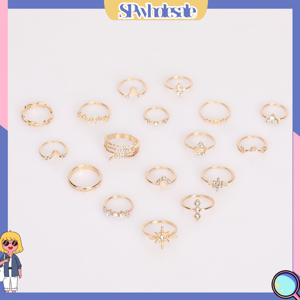 <SPwholesale> Bộ 17 Nhẫn Đính Đá Nhân Tạo Phong Cách Bohemian Thời Trang