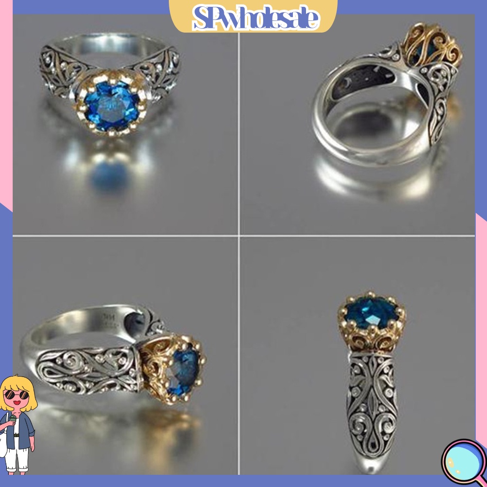 <SPwholesale> Nhẫn Mạ Bạc Đính Đá Topaz Nhân Tạo Phong Cách Vintage Thời Trang