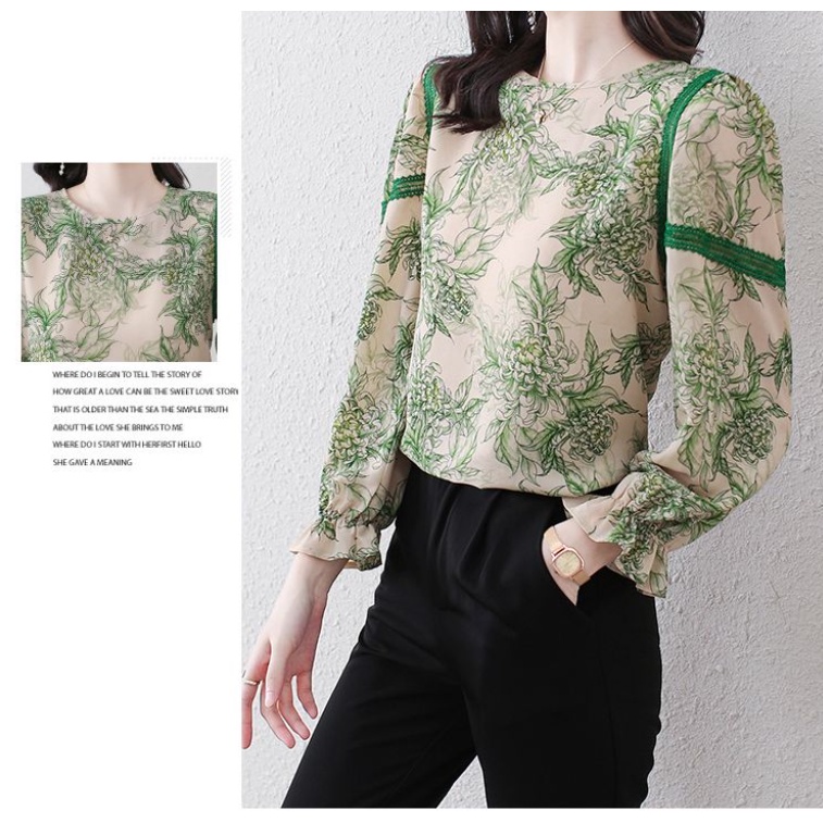 Áo Sơ Mi Chiffon Cổ Tròn Tay Dài Màu Xanh Lá In Họa Tiết Thời Trang Mùa Xuân Cho Nữ