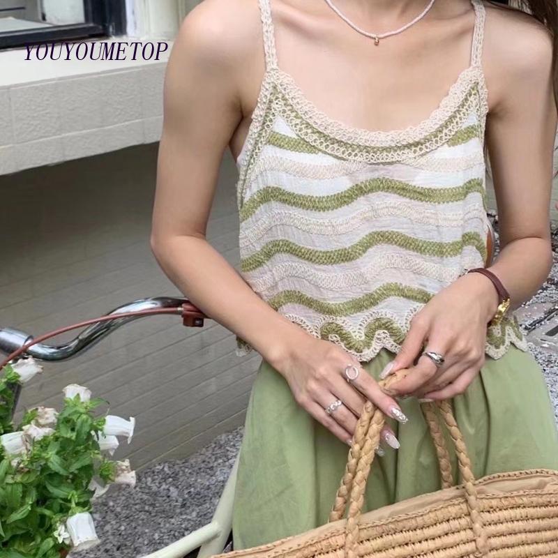 Youyo Áo Croptop Hai Dây Phối Ren Gợn Sóng Thêu Họa Tiết Kẻ Sọc Đi Biển Cho Nữ
