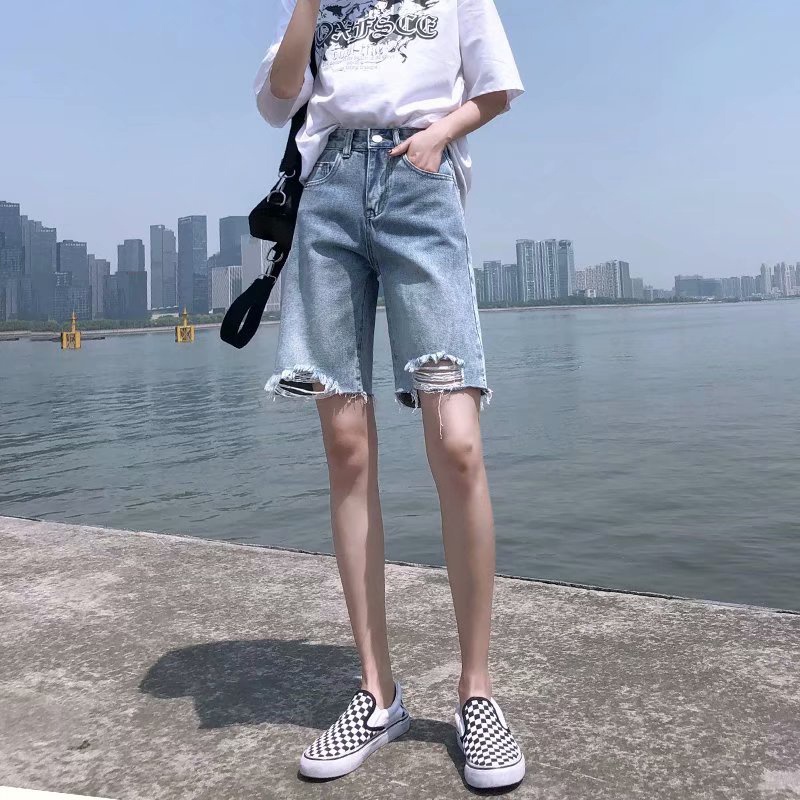 IELGY    Quần Short denim Rách Lưng Cao Dáng Chữ a Thời Trang Cho Nữ